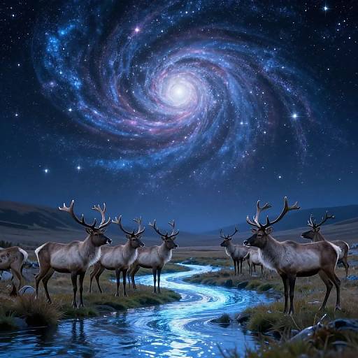 Digital artwork of majestic elk with large antlers standing by a glowing blue river under a swirling, starry galaxy night sky.