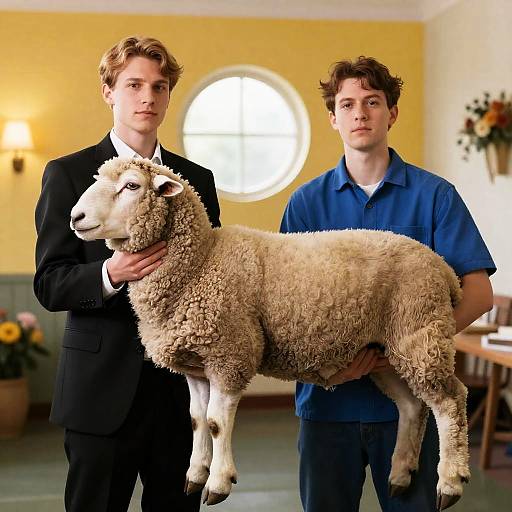 Men with Curly Sheep in Vibrant Room