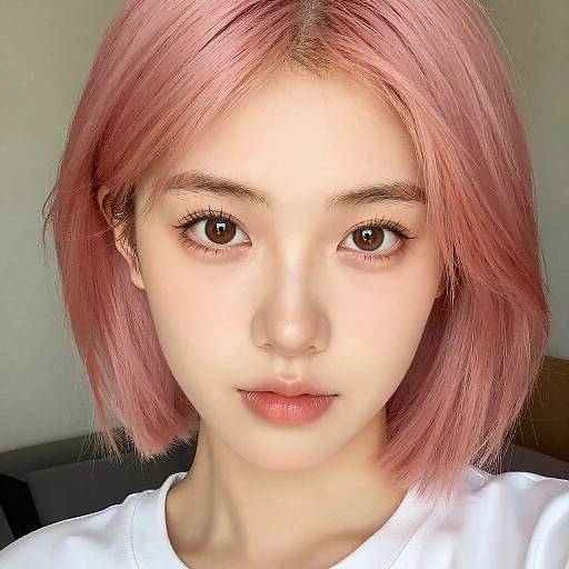 Close-up photograph of an Asian woman with pink, shoulder-length hair, fair skin, brown eyes, and neutral expression, wearing a white shirt.