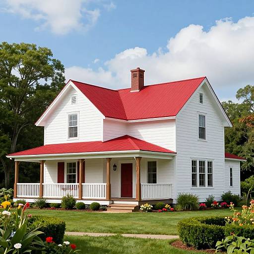 Photograph of a charming white two-story house with bright red roof, surrounded by a well-maintained flower garden and lush greenery.