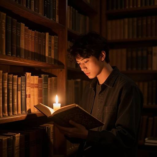 Photograph of a young man with curly hair, wearing a black shirt, reading a book illuminated by a candle in a dimly lit, wooden library