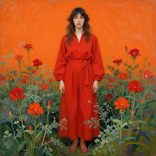 Photograph-style digital art: Woman in red dress, red shoes, standing in vibrant orange field with tall red poppies and green foliage.