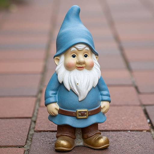 Photograph of a cheerful garden gnome with a blue hat, white beard, blue robe, brown belt, and brown shoes, standing on red brick pavement
