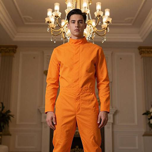 Photograph of a young man with short dark hair, standing in an opulent room wearing a bright orange jumpsuit, under a glowing chandelier.