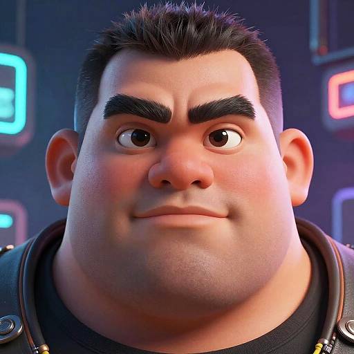 CGI close-up of a chubby, fair-skinned man with thick black eyebrows, short dark hair, and a slight smile, wearing a black shirt