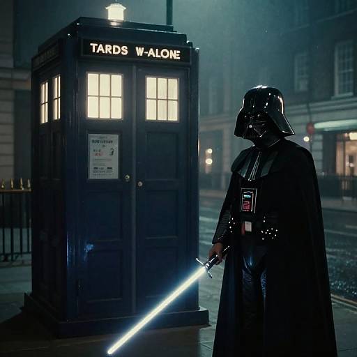 Photograph of Darth Vader with glowing lightsaber standing in front of a blue TARDIS under a misty, dimly-lit nighttime street.