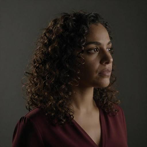 Serious Woman in Dark Red Blouse Side Profile