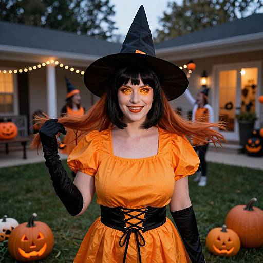 Photograph of a woman in an orange Halloween dress, black corset, gloves, and witch hat, with glowing orange eyes, standing in a yard