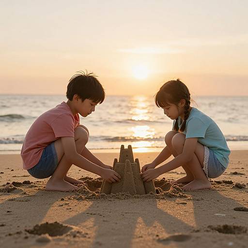 Photograph of two children building a sandcastle at sunset on a beach, wearing casual clothes, silhouetted against the golden sky.