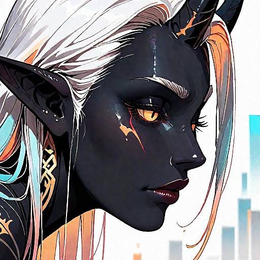 Close-Up of Tiefling Demon Woman with Broken Horn