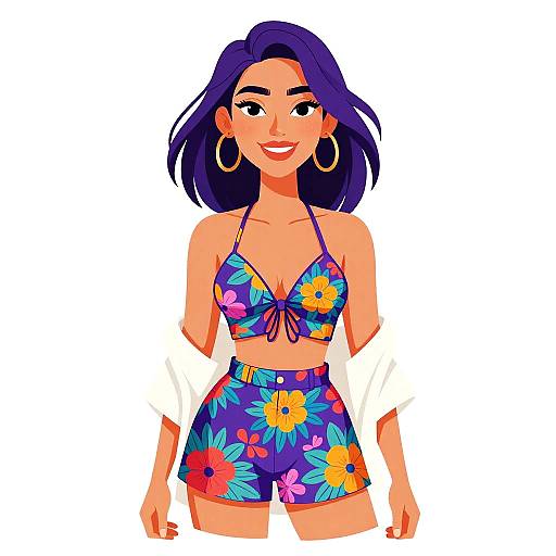 Digital illustration of a smiling woman with purple hair, wearing a colorful floral bikini top and high-waisted shorts, large hoop earrings, and a white