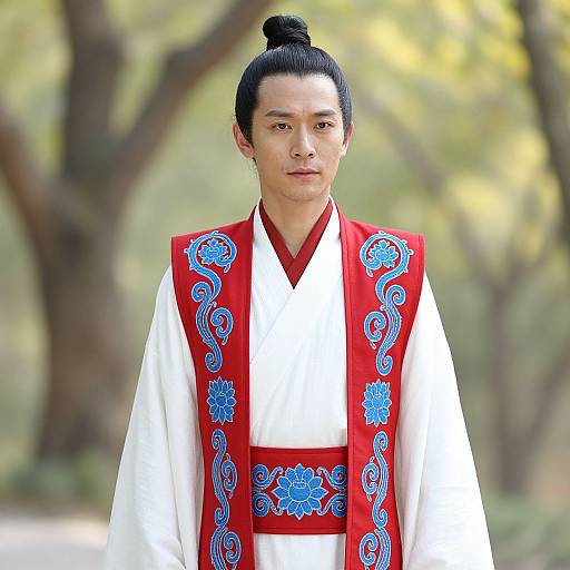 Photograph of a young Asian man with black hair in a topknot, wearing a white kimono with red and blue ornate vest, standing