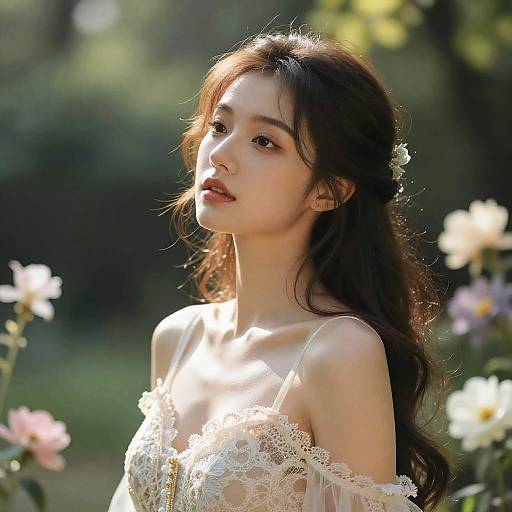 Photograph of an East Asian woman with long, wavy brown hair, wearing a delicate, off-shoulder lace dress, bathed in sunlight