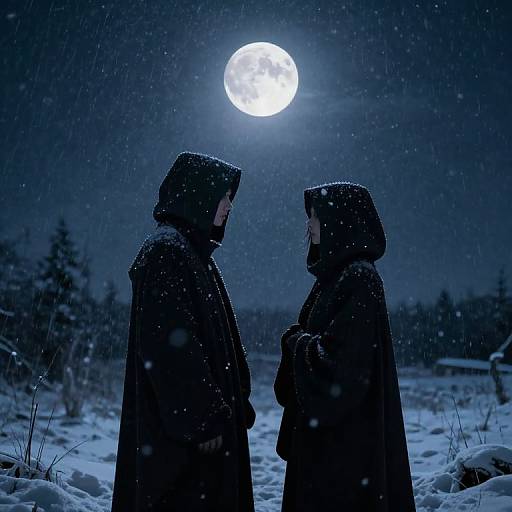 Photograph of two hooded figures facing each other under a bright full moon in a snowy, nighttime forest, with snowflakes falling.