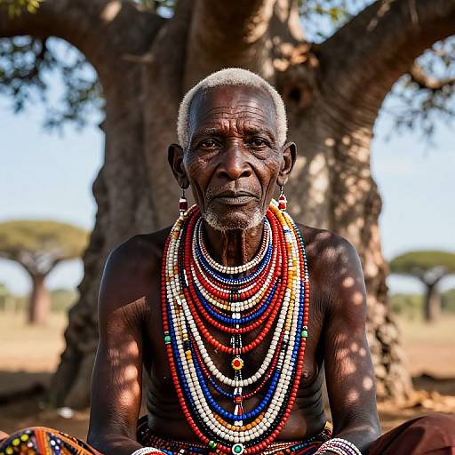 Photograph of an elderly, dark-skinned African man with short white hair, wearing colorful beaded necklaces and earrings, sitting under a large tree