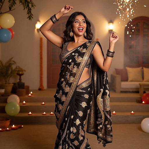 Photograph of a smiling, dark-haired woman in a black, gold-embroidered saree dancing joyfully in a warmly lit, festive room