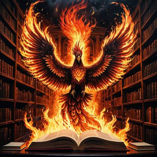 Fiery Magma Phoenix Rising in Burning Library