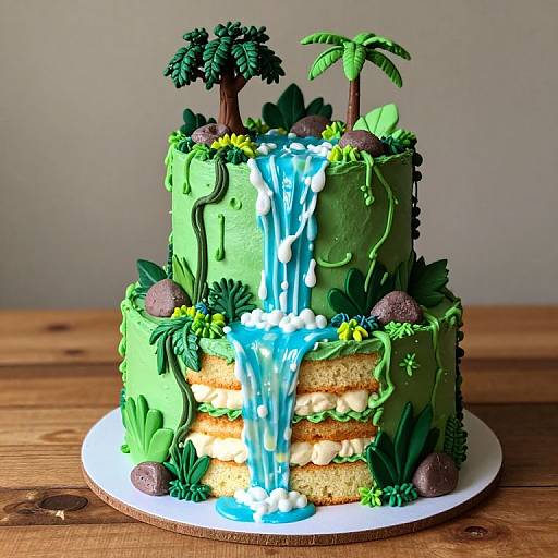 Photograph of a green jungle-themed cake with waterfall icing, palm trees, ferns, and chocolate-covered truffles on a wooden table.