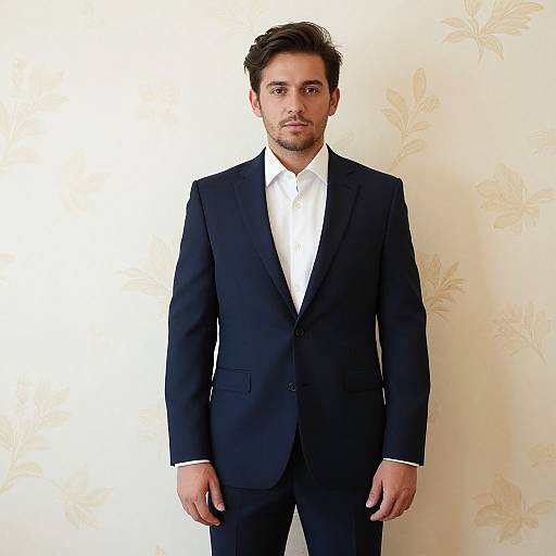 Photograph of a young man with short dark hair, light skin, and brown eyes, wearing a black suit with a white shirt, standing against a