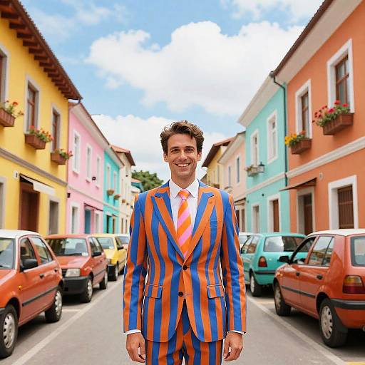 Photograph of a smiling man in a vibrant blue and orange striped suit standing on a colorful street with parked cars and pastel-colored buildings under a bright