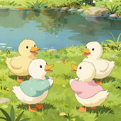 Digital illustration of four cute, white ducklings with yellow beaks, wearing pastel sweaters, standing by a sunny, grassy pond.