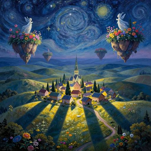 Whimsical night scene: glowing village with church, surrounded by floating flower baskets, illuminated by starry, swirling sky, and radiant yellow light.