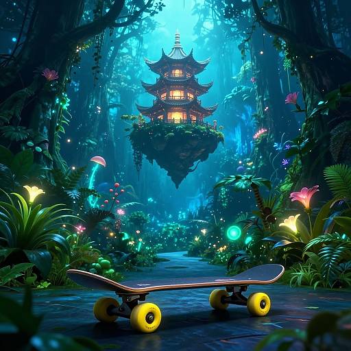 Digital art: Enchanted forest with glowing mushrooms, vibrant flowers, floating lantern house, and yellow-wheeled skateboard on a mystical path.