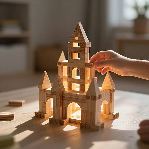 Photograph of a child's hand assembling a glowing wooden model church on a sunlit table, with blurred background.