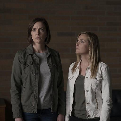 Two Women Standing Indoors Against Brick Wall