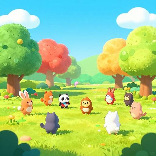Bright, colorful digital illustration of a sunny meadow with diverse, cute cartoon animals, including rabbits, cats, and bears, playing under vibrant green and