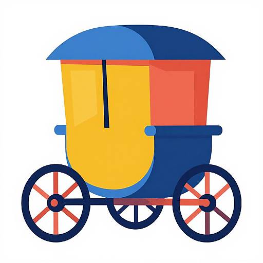 Digital illustration of a colorful, geometric-style horse-drawn carriage with a blue roof, yellow and red body, and four-spoked wheels.