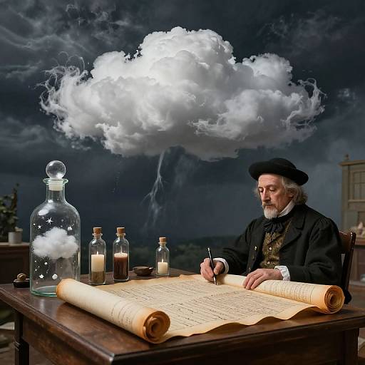 Photograph of an elderly man with white beard and black hat, writing on parchment, under a glowing, surreal cloud, with glass bottles on a wooden