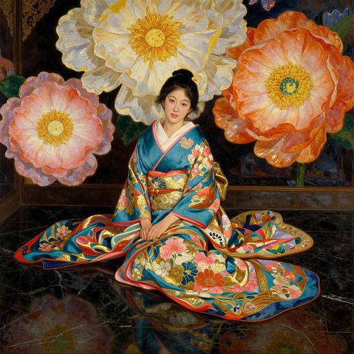 Photorealistic digital painting of an Asian woman in a vibrant blue floral kimono, surrounded by large, colorful flowers, seated on a shiny black marble