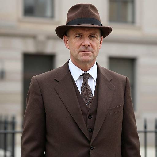 Photograph of a middle-aged white man in a brown suit, white shirt, patterned tie, and brown fedora, standing in front of a
