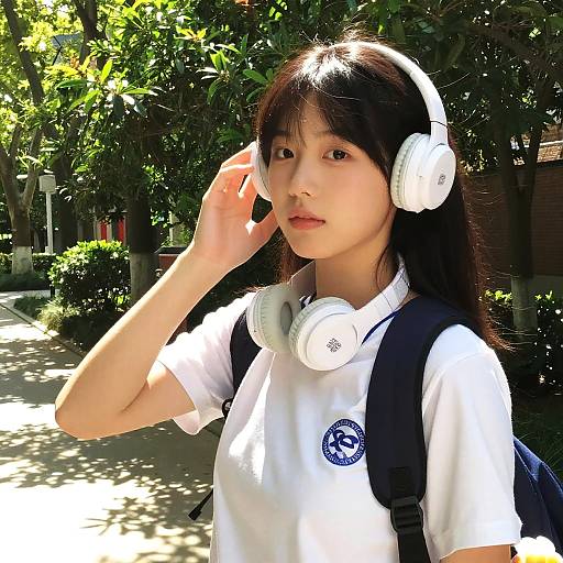 Photograph of an Asian woman with long black hair, wearing white headphones and a white shirt, standing outdoors in a sunlit park with trees and a