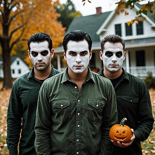 Trio of men in Halloween face paint holding pumpkin