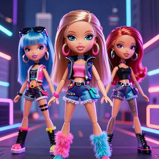 Photorealistic CGI of three fashionable dolls with long hair, neon accessories, denim shorts, and vibrant fur cuffs, standing in a neon-lit city