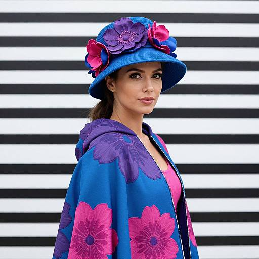 Photograph of a woman with medium skin tone, wearing a vibrant blue hat adorned with purple and pink flowers, and a matching blue shawl with pink