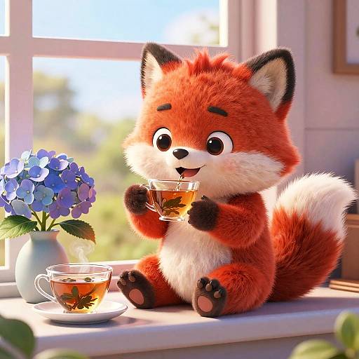 Cute, fluffy red fox with white belly sips tea, holding glass, beside blue hydrangeas and tea cup on sunlit window ledge.