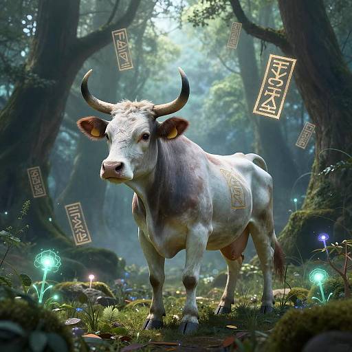 Digital art of a white and brown cow with golden horns standing in a mystical forest, surrounded by glowing plants and ancient symbols.