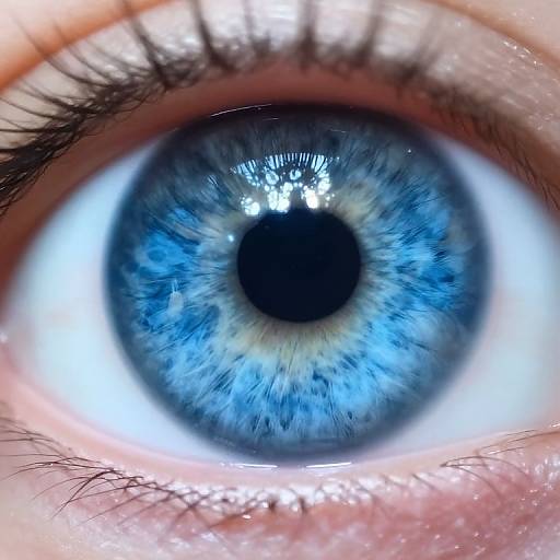 Close-up photograph of a vibrant blue eye with a large black pupil, surrounded by detailed blue and white iris patterns and long black eyelashes.