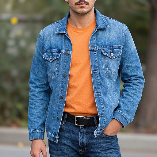 Photograph of a man with a mustache, wearing a blue denim jacket over an orange t-shirt, black jeans, and a black belt, standing