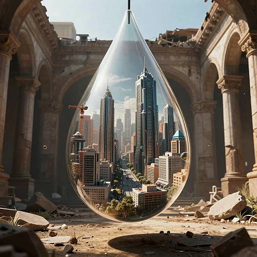 Futuristic City Inside Teardrop Glass in Ancient Ruins