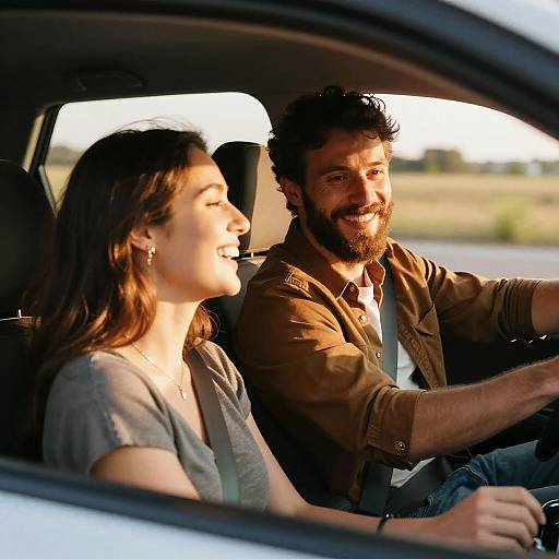 Photograph of a smiling couple in a car; the bearded man drives while the woman, with long brown hair, sits beside him. Sunlight