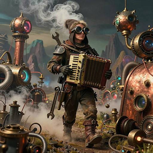 Steampunk soldier with goggles, fur hat, playing accordion amidst foggy, sci-fi landscape with copper robots and mountains. Digital art.