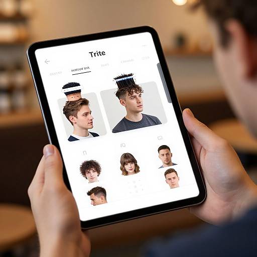 Photograph of a person's hands holding a black tablet, displaying a 