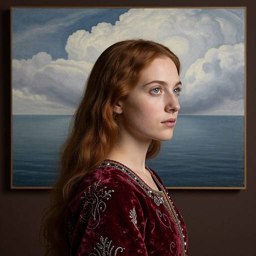 Photograph of a fair-skinned, red-haired woman in a maroon, embroidered blouse, with a seascape painting in the background.
