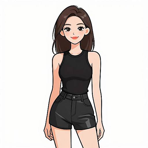Digital anime-style drawing of a smiling young woman with long brown hair, wearing a black sleeveless top and high-waisted black shorts. White background
