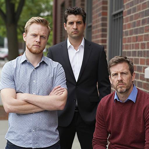 Three Serious Men Outdoors Near Brick Building