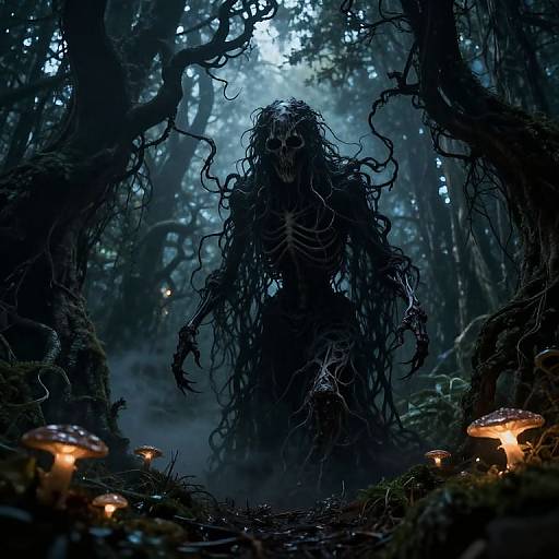 Digital art of a mysterious, shadowy figure with tangled, root-like hair standing in a dark, foggy forest, illuminated by glowing mushrooms.